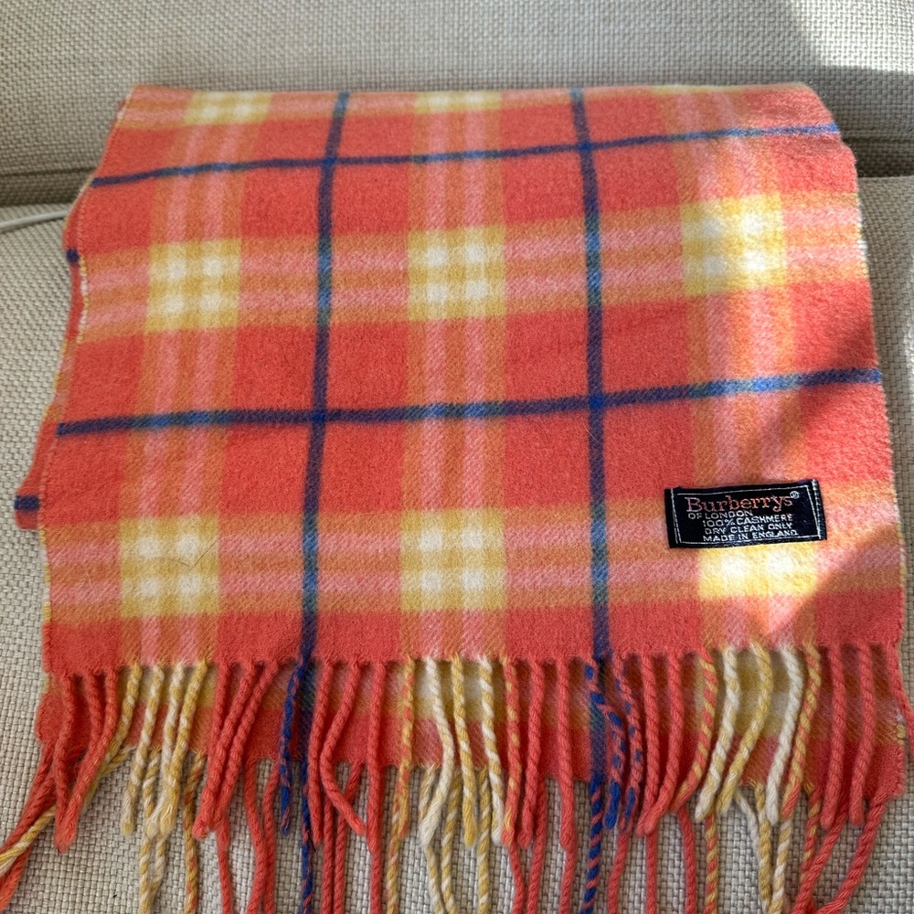 burberry cashmere scarf. orang with blue plaid - Picture 4 of 5